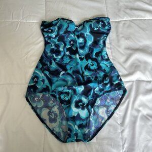 Jantzen Classics Blue Floral Strapless One Piece Swimsuit Womens Large L
